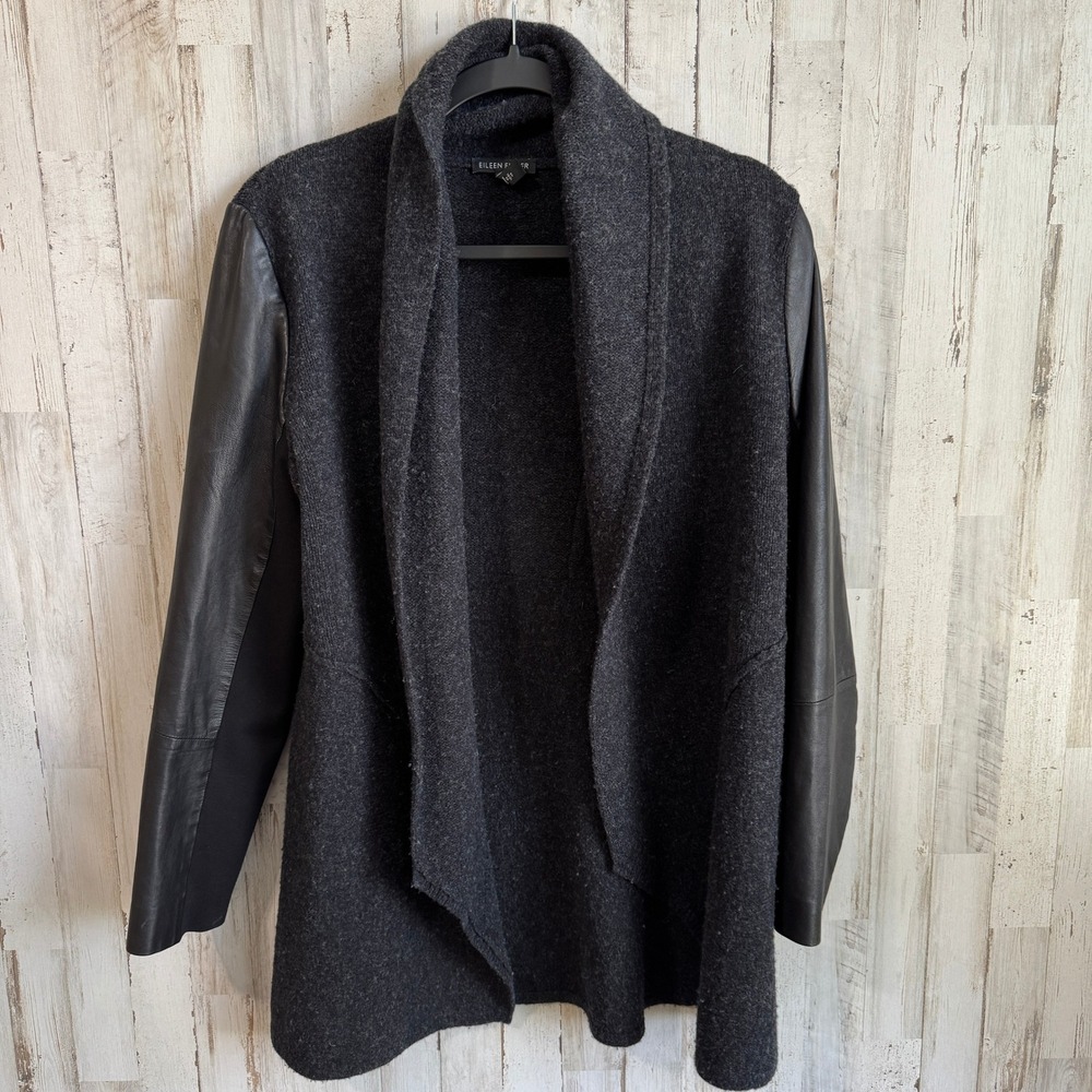 Eileen Fisher Leather Wool Cardigan Jacket Black Sleeve Open Front Quiet Luxury